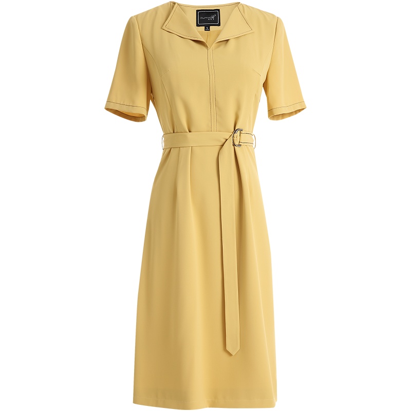 欧昵雪夏季法式气质V领收腰连衣裙女显瘦系带短袖衬衫裙