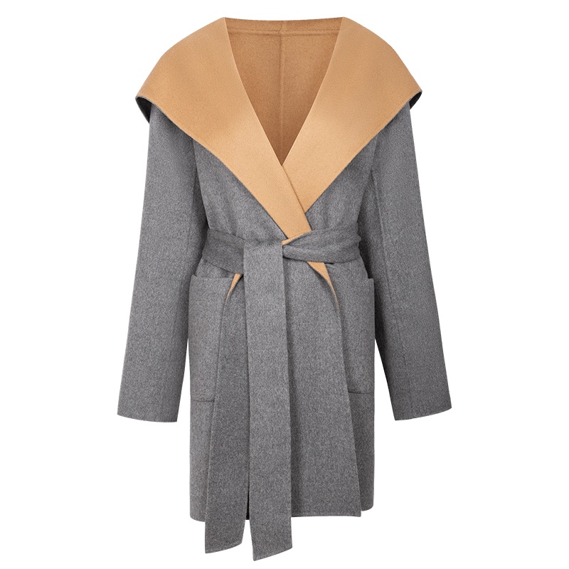 ERDOS 20秋冬连帽女羊绒大衣手缝双面双色呢子大衣外套