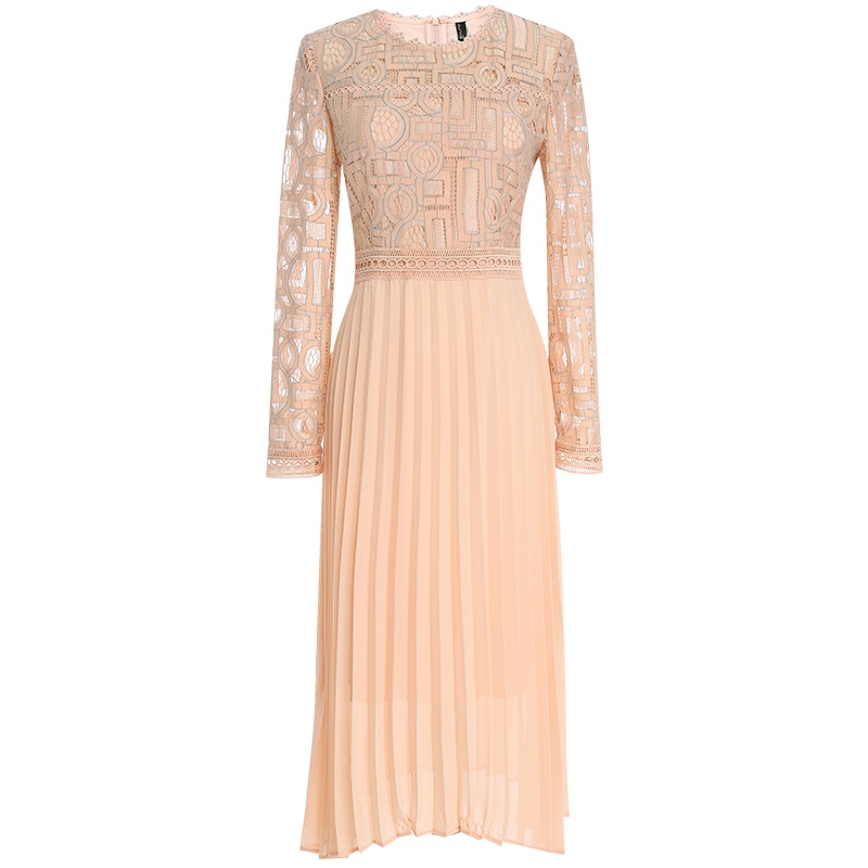 欧昵雪圆领中长款高腰雪纺百褶裙拼接蕾丝连衣裙女