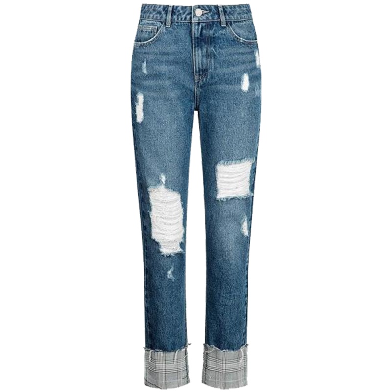 【热卖】7m韩版学生bf直筒裤子新款春高腰休闲裤破洞牛仔裤九分裤女70011007