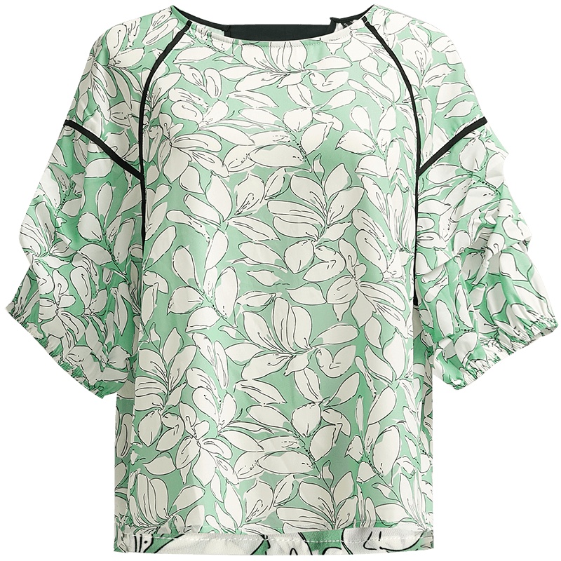 欧昵雪夏季气质圆领泡泡短袖印花小衫女后背镂空显瘦上衣