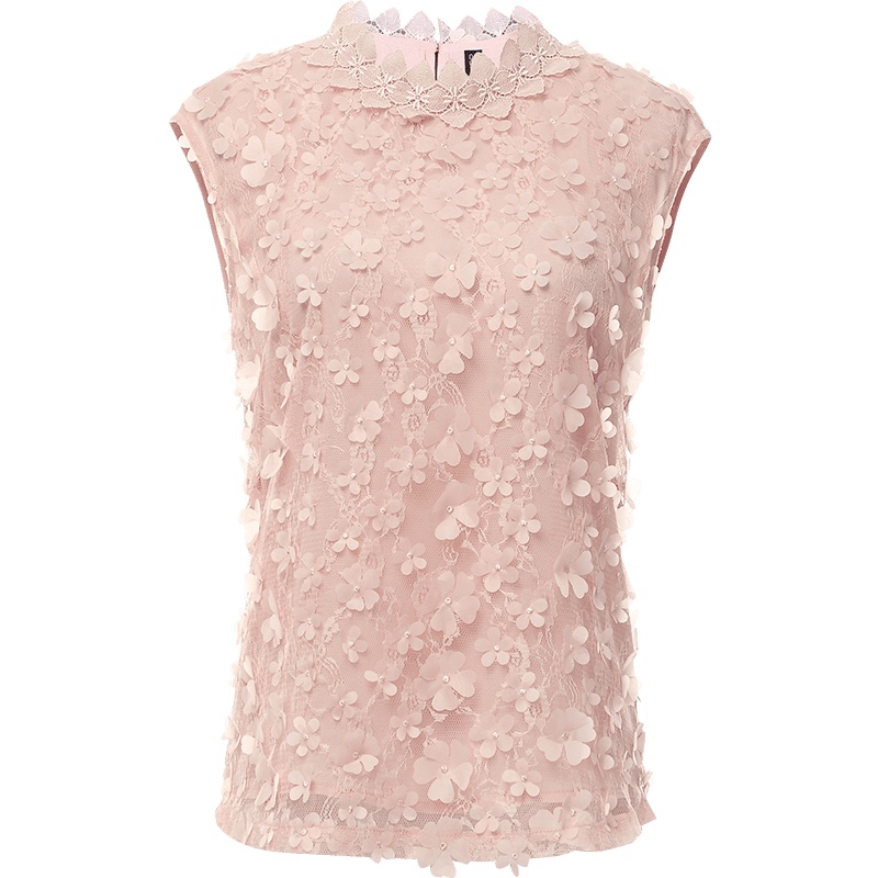 欧昵雪夏季花边圆领套头立体花朵镂空蕾丝衫上衣女无袖