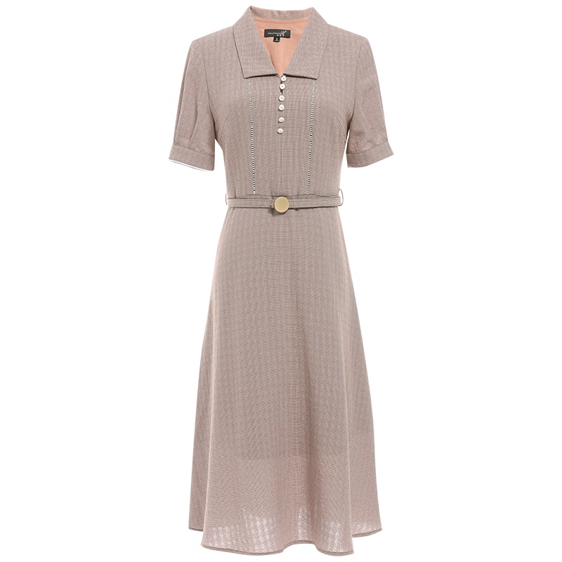 欧昵雪夏季复古头Polo领套头收腰显瘦格子连衣裙子女中裙