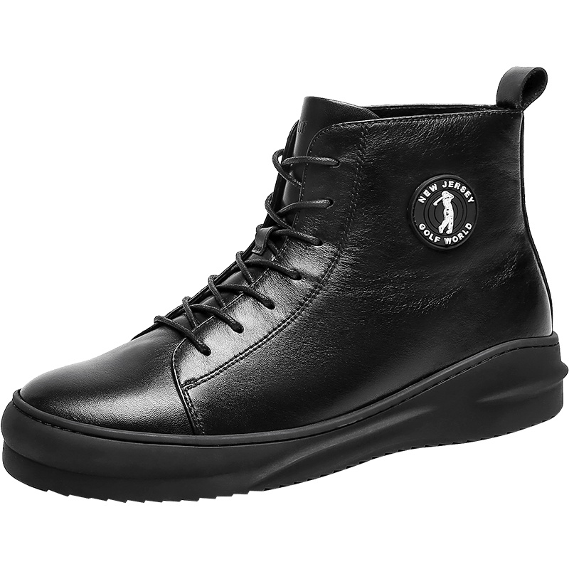 GOLF/高尔夫靴子男真皮系带时尚马丁靴保暖透气高帮棉鞋男黑色