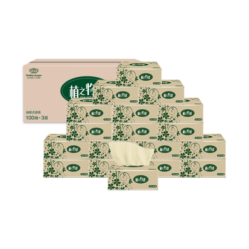 花弄影 抽纸 植之物语系列 3层100抽18包 本色纸 竹浆纸 原色卫生纸巾 餐巾纸 擦手纸 面巾纸 整箱销售