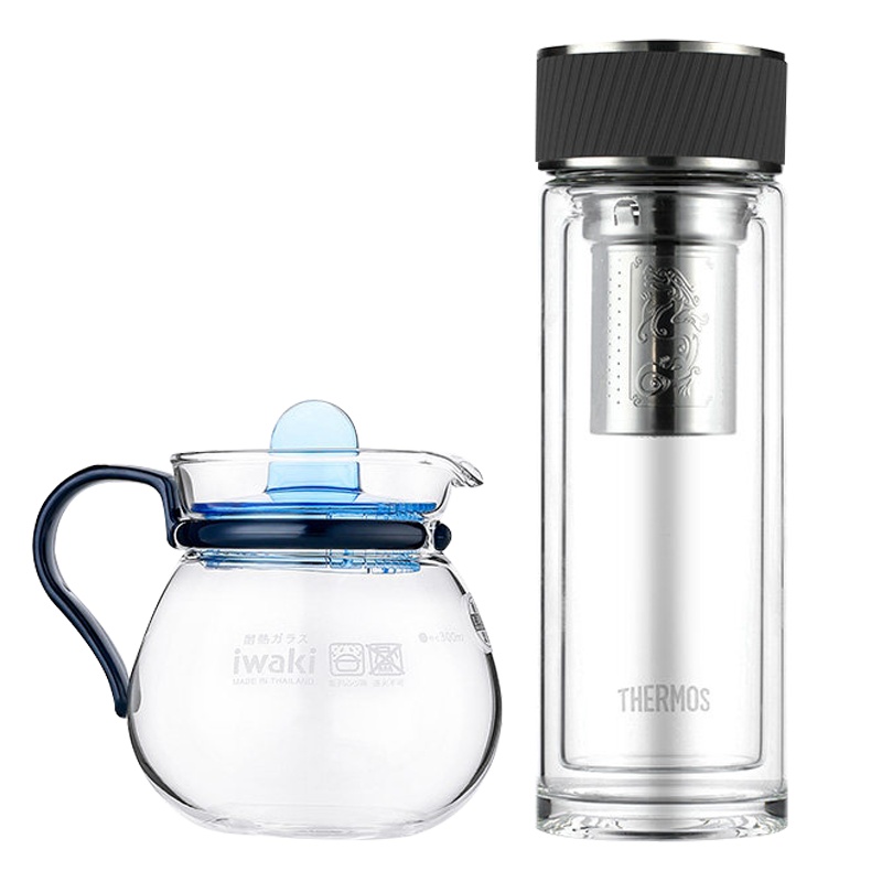 膳魔师（THERMOS）耐热玻璃杯男女双层泡茶水杯子TCGA-400S深灰套组