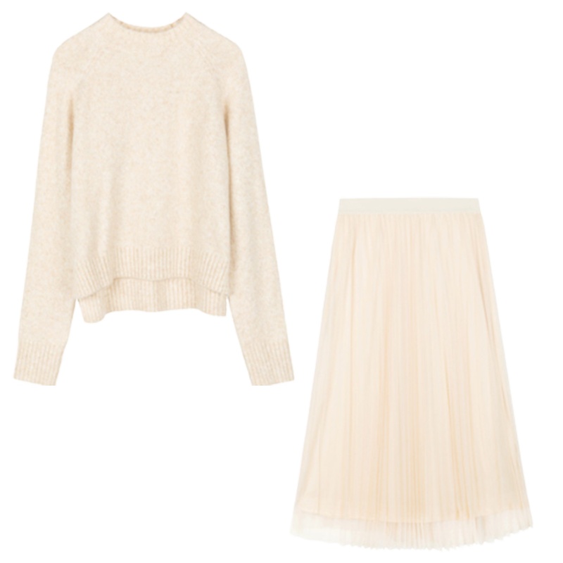 【专柜同款】拉夏贝尔修身纯色毛织时尚套装2019秋冬季英伦气质新款两件套女款10023886