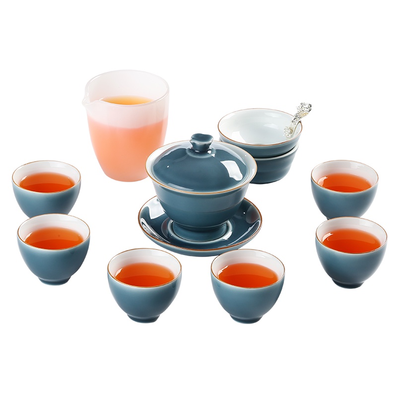 常生源 整套功夫茶具 陶瓷套装 白瓷色釉 盖碗公杯茶杯茶漏 礼盒包装 蔚色天空套组