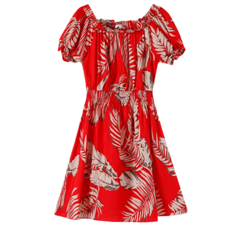 La Babite拉贝缇红色一字肩连衣裙子女甜美夏季新款雪纺法式桔梗智熏裙