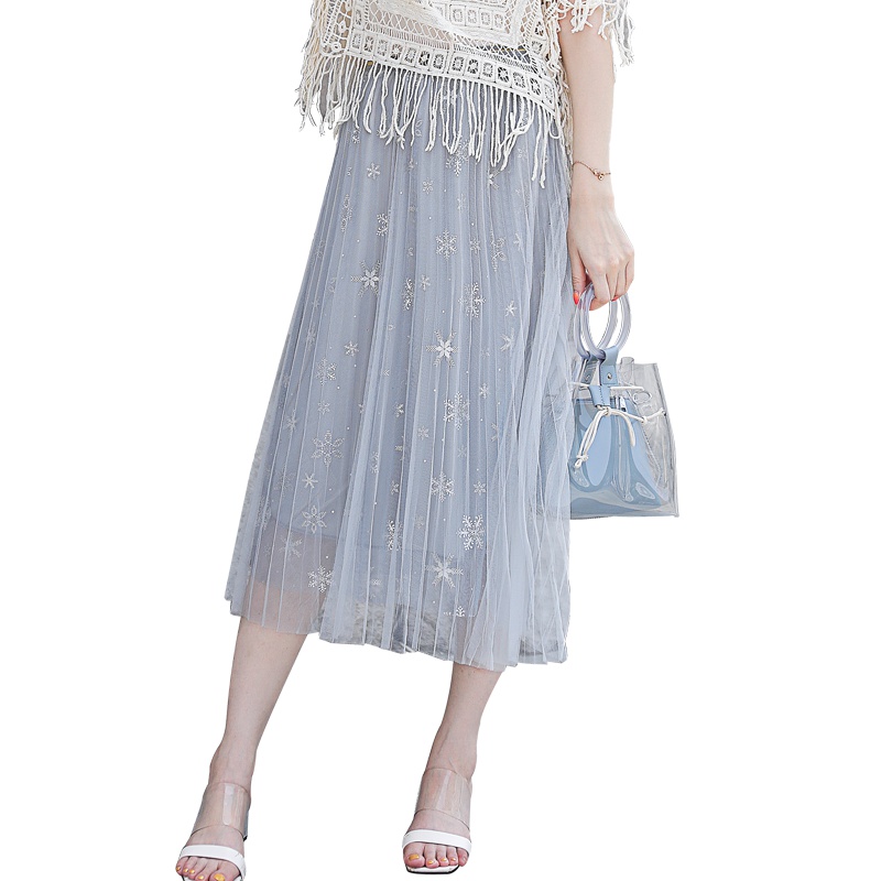 丝柏舍2019夏季百褶裙印花拼接网纱修身中长裙半身裙S91T1312B