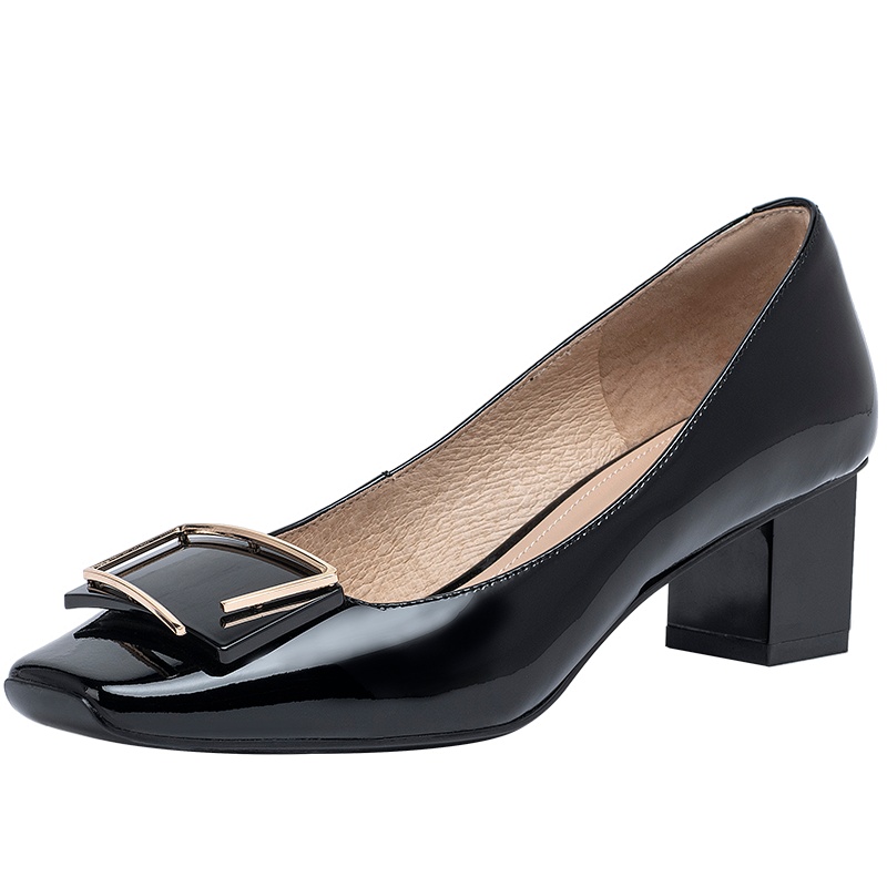 百田森春季新款方扣单鞋女粗跟漆皮宴会鞋浅口真皮单鞋