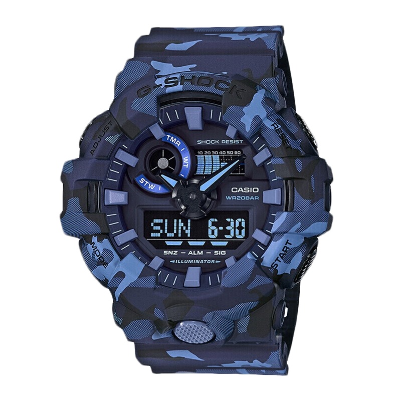 卡西欧(CASIO)手表石英表男表G-SHOCK 防水防震双显大表盘高亮度运动男表 蓝迷彩GA-700CM-2A
