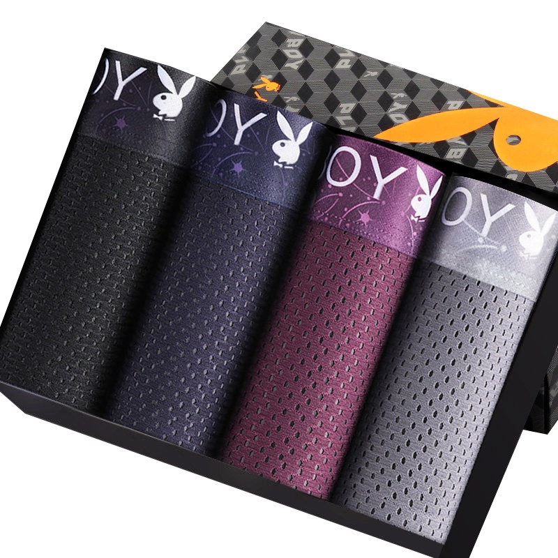 花花公子男士内裤冰丝网眼 夏季薄款透气弹力大码平角内裤男5371-4条装