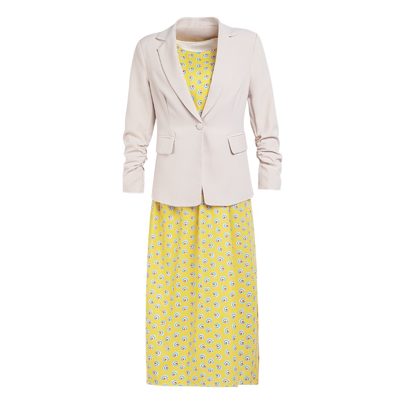晚白2019秋季新品套装裙一粒扣西装外套印花收腰连衣裙套装女