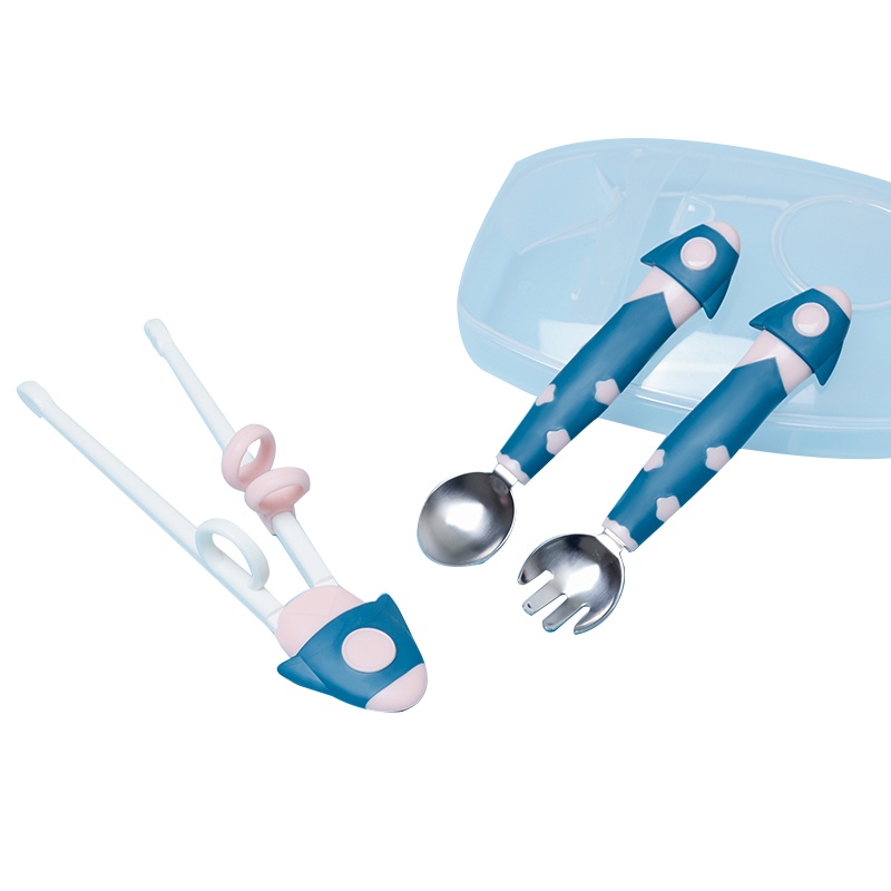 SMOOMS儿童筷子家用小孩辅食专用练习筷宝宝训练筷叉勺儿童餐具套装 蓝粉三件套