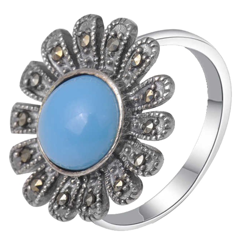 梦克拉Mkela S925银镶仿绿松石戒指 文艺 女士 戒指 银