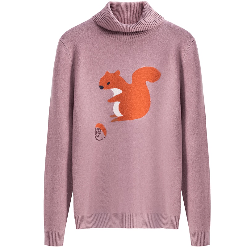 鄂尔多斯ERDOS 高领松鼠图案提花女羊绒衫女士针织衫/毛衣