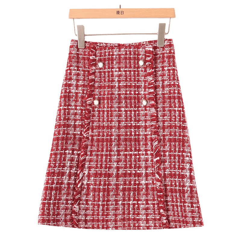 晚白2021春季新品淑女高腰格子修身显瘦小A半裙小香风毛呢短裙女