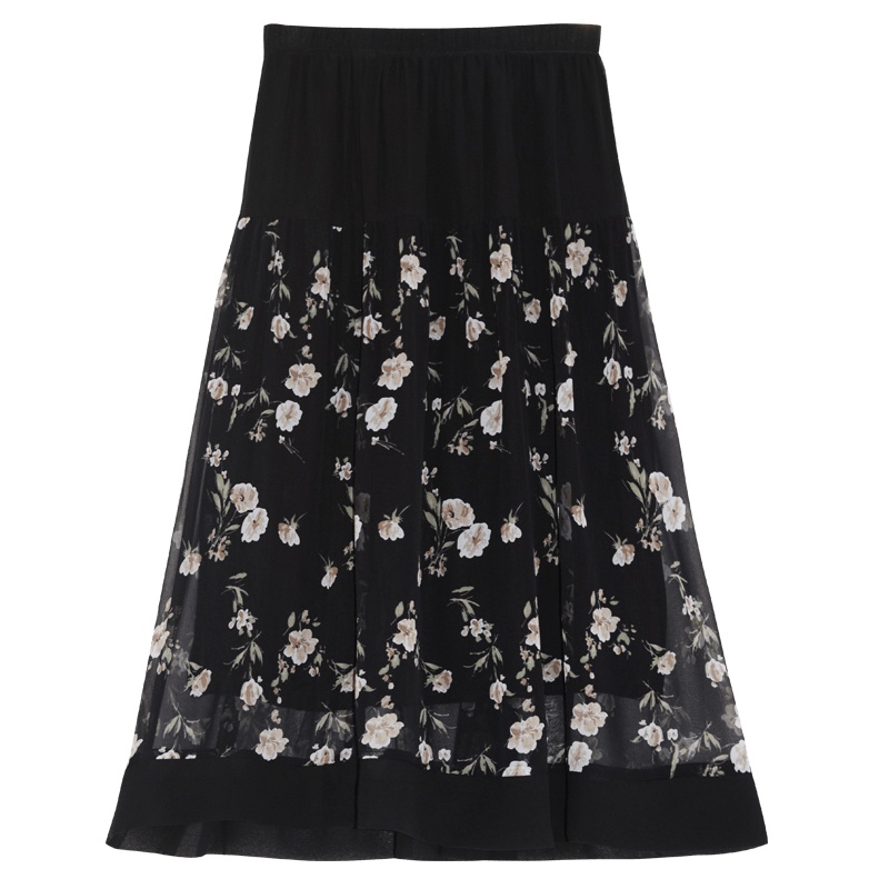 金菊2020新款夏季网纱裙子女遮跨显瘦黑色A字半身裙中长款纱裙