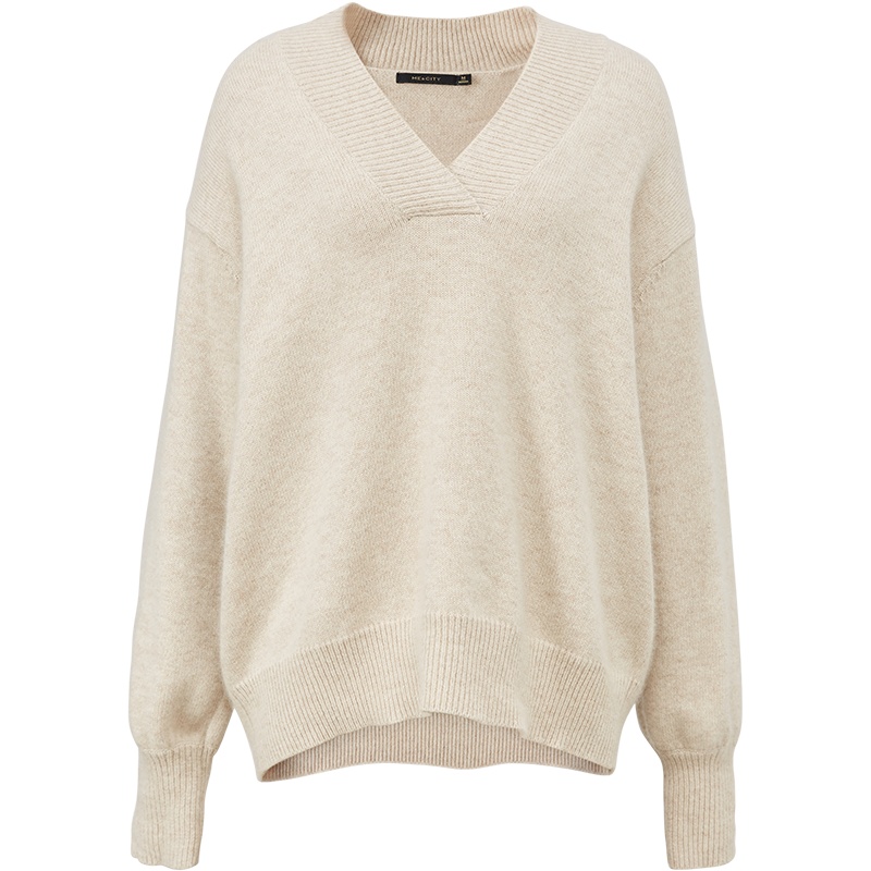 [1件5折价:155]羊毛MECITY女装2020冬季新款多色洋气V领灯笼袖宽松毛衣针织衫女