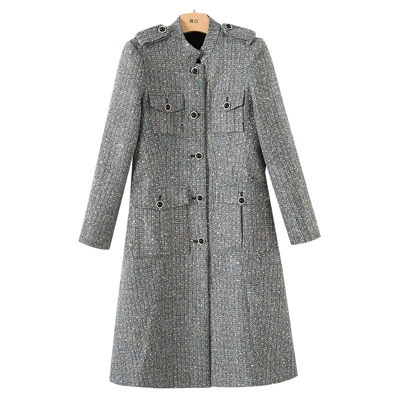 晚白2020冬季新品通勤复古西装领长袖修身百搭中长款毛呢大衣外套女