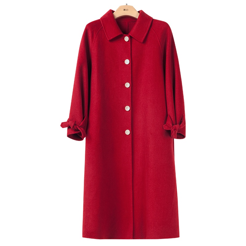 晚白2020冬季新品时尚通勤纯色翻领休闲收腰系带羊毛大衣外套女