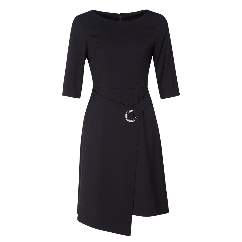 晚白2019新品纯色职业修身圆领收腰中长款不规则中袖连衣裙女