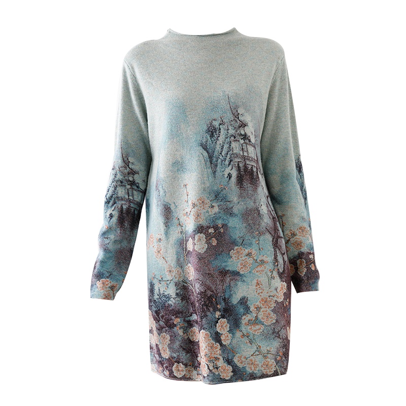 圣妮曼中长款印花羊毛衫宽松显瘦寸领套衫