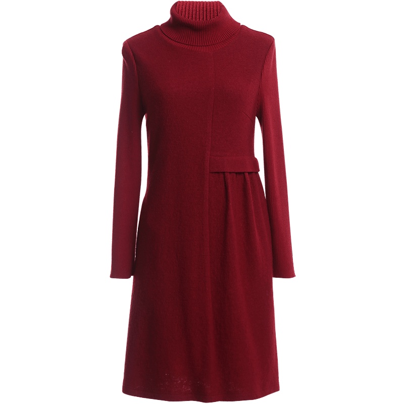 欧昵雪秋冬装针织高领长袖拼接高腰加厚毛呢连衣裙女中裙