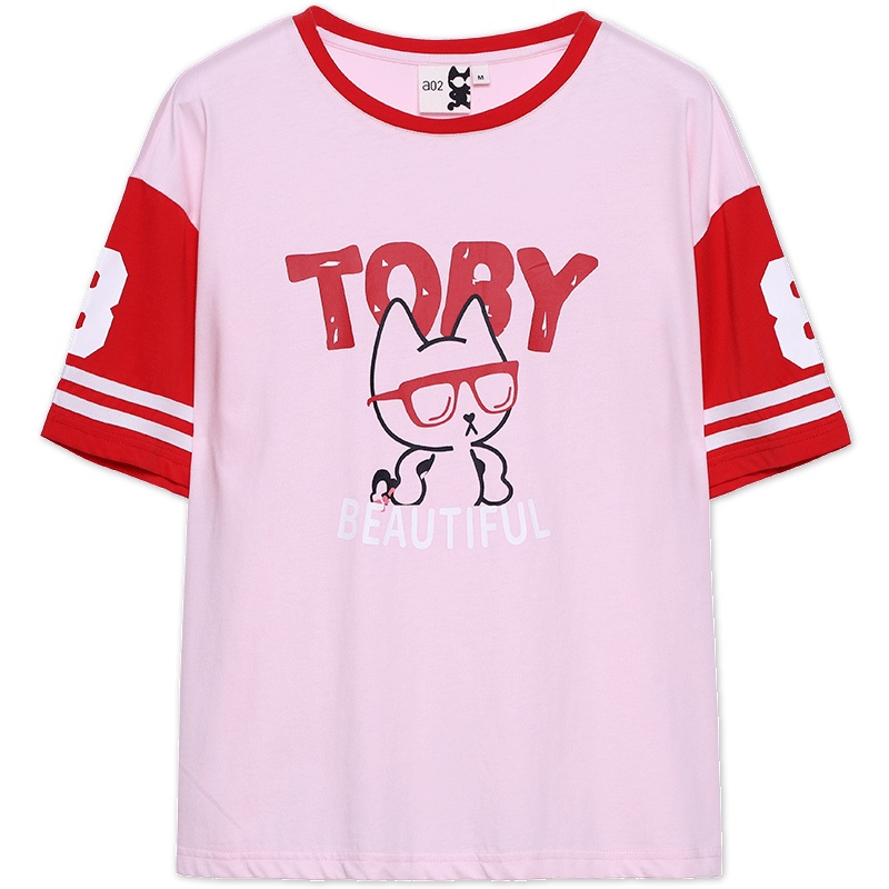 a02新款2020时尚运动卡通印花开叉撞色拼接宽松T恤女DVV2D0111KT