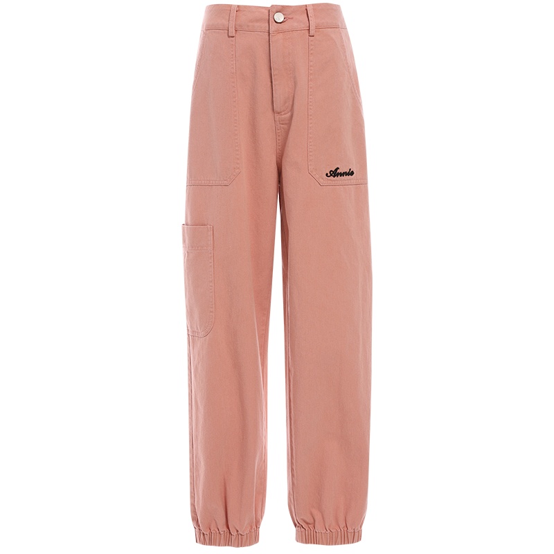 欧昵雪高腰宽松束脚工装裤女多口袋九分哈伦休闲裤