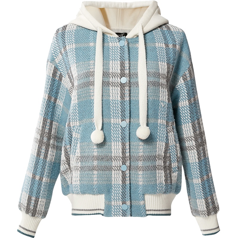 欧昵雪秋冬休闲连帽长袖格纹短款毛呢外套女宽松显瘦上衣