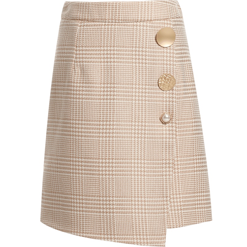 欧昵雪20019秋冬高腰格子不规则A字短裙女显瘦包臀一步半身裙