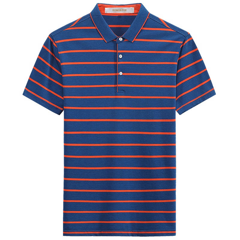 Romon/罗蒙短袖T恤男士中青年夏季休闲t恤翻领薄款条纹男士POLO衫