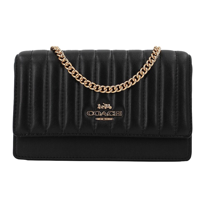 蔻驰 COACH 奢侈品 女士新款时尚黑色皮质小号单肩斜挎包链条包腰包两用包 2664 IMBLK