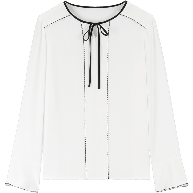 爱居兔春装2019女装时尚白色镶拼绣花长袖梭织上衣