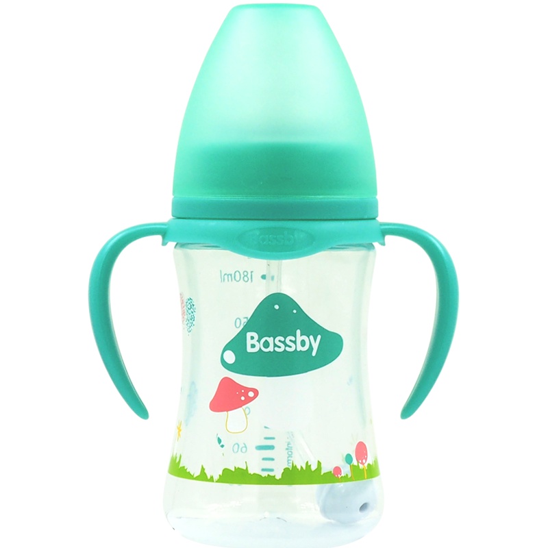 荷兰贝斯比宽口弧形PP自动奶瓶宽口径自动吸管大奶瓶防摔防胀气180ml粉绿色
