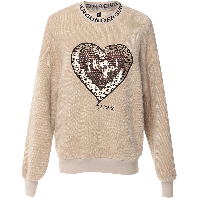 欧昵雪秋冬字母圆领爱心绣花亮片宽松卫衣女长袖套头上衣