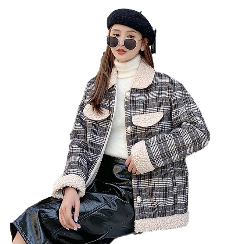 拉夏贝尔2020新款小香风羊羔毛韩版羽绒棉服时尚毛呢ins棉衣外套女