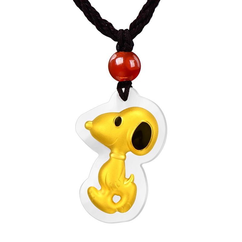蒂蔻 可爱卡通史努比金镶玉黄金吊坠项链男女款足金和田玉镶嵌狗年生肖编织绳宝宝小孩适戴