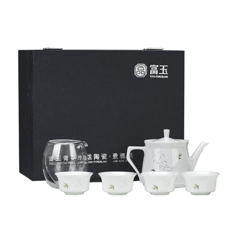 景德镇陶瓷手工白瓷玲珑陶瓷描金贴花家用茶壶茶杯组合一壶四杯公道杯礼盒装 春风十里茶具套装