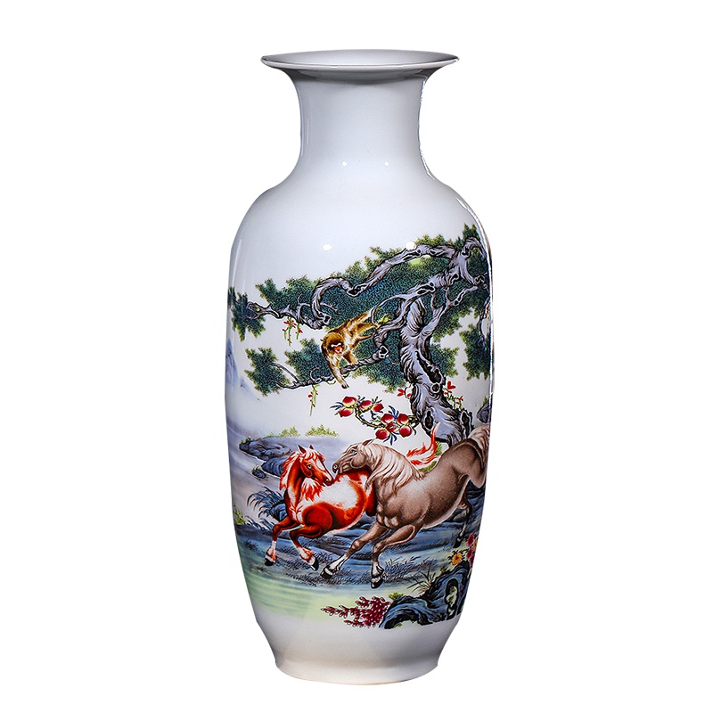 瓷物语中式花瓶工艺品摆件仿古现代新花插客厅家居装饰马到成功冬瓜瓶送底座