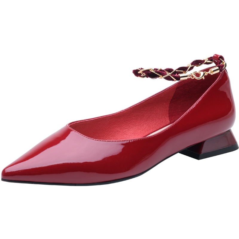 百田森2021春季新款尖头玛丽珍牛漆皮低跟单鞋女链条装饰浅口鞋女