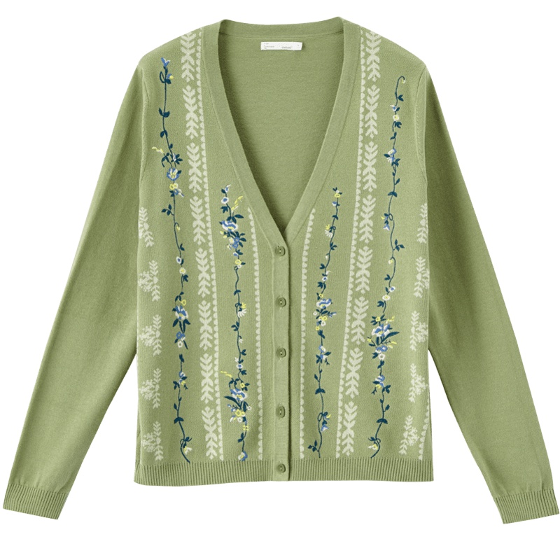 茵曼毛针织衫2019秋季新款小清新绣花V领复古法式文艺开衫毛衣女