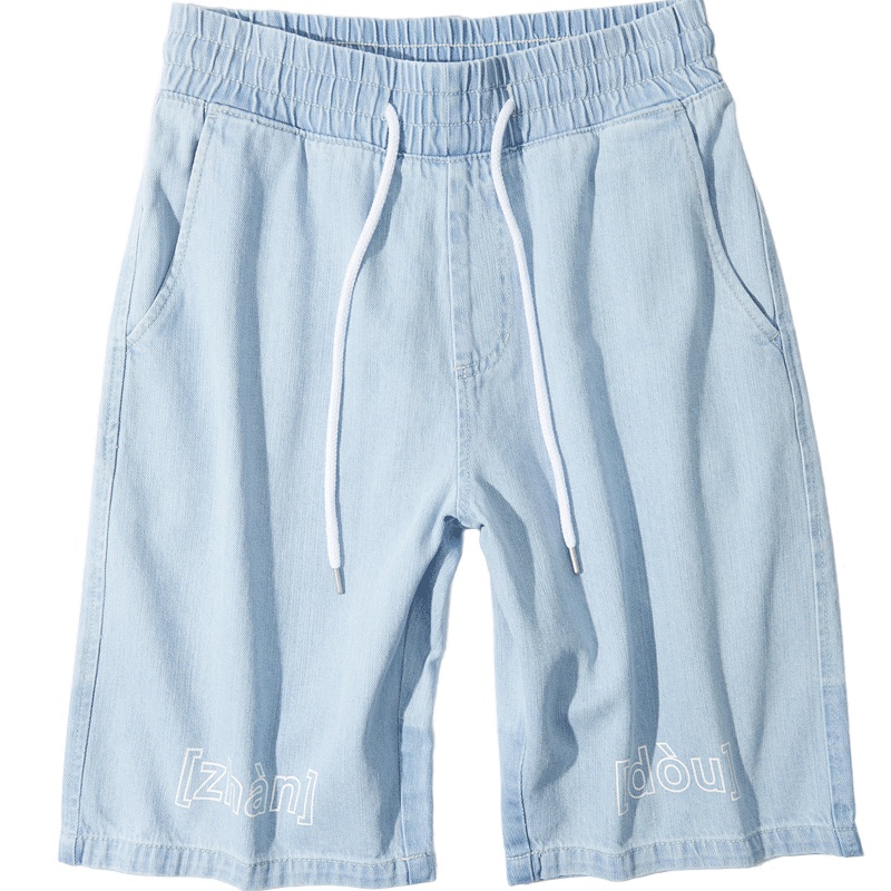 黑鲸弹力抽绳牛仔中裤男2019夏季字母印花裤子男CKMNJ29006A