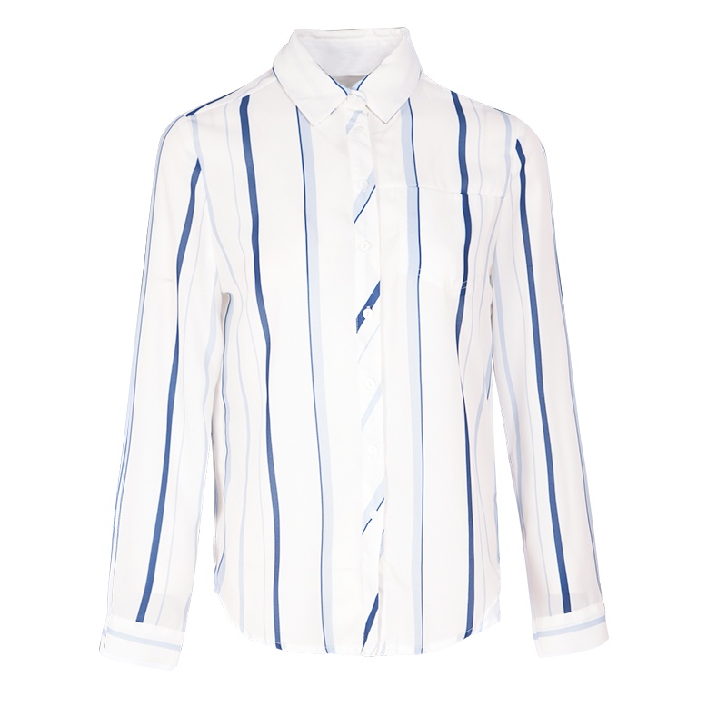 晚白女上装2019春装新品通勤优雅条纹POLO领单排扣职业上衣长袖衬衫