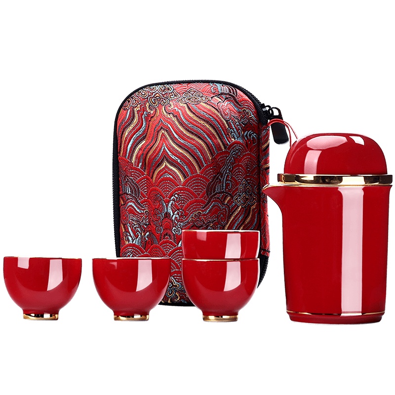 博为 旅行茶具套装便携式车载陶瓷旅游功夫泡茶器简约 官帽快客杯红色