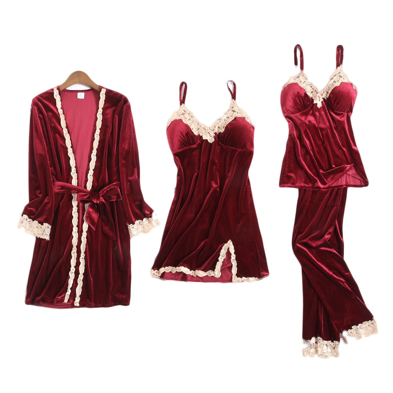 2019春秋季金丝绒性感睡衣女春秋性感睡袍吊带睡裙四件套带胸垫长袖长裤套装秋宽松蕾丝家居服长袖天鹅绒浴袍可外穿