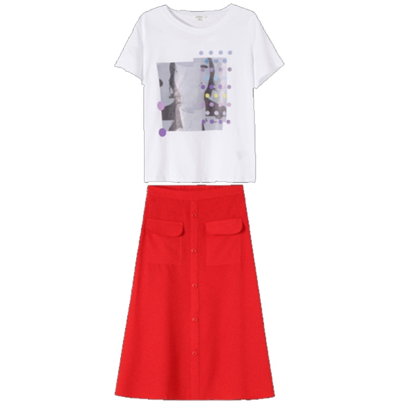 【专柜同款】拉夏贝尔旗下夏季新款圆领短袖字母T恤高腰A字中长款半身裙套装60008009