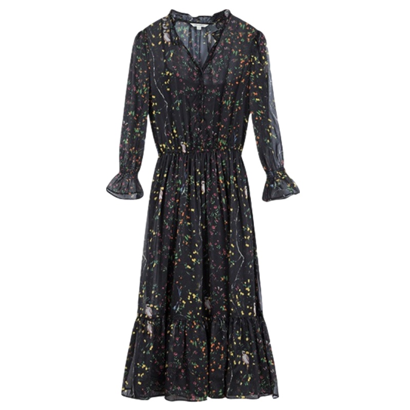 拉夏贝尔夏女碎花裙小清新韩版复古v领中长雪纺连衣裙